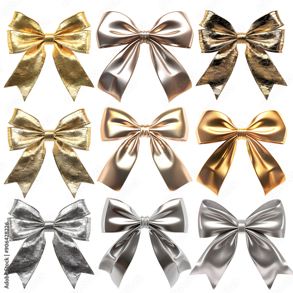 Collection of shiny gold and silver bows isolated on a white background Collection of shiny gold and silver bows isolated on a white background