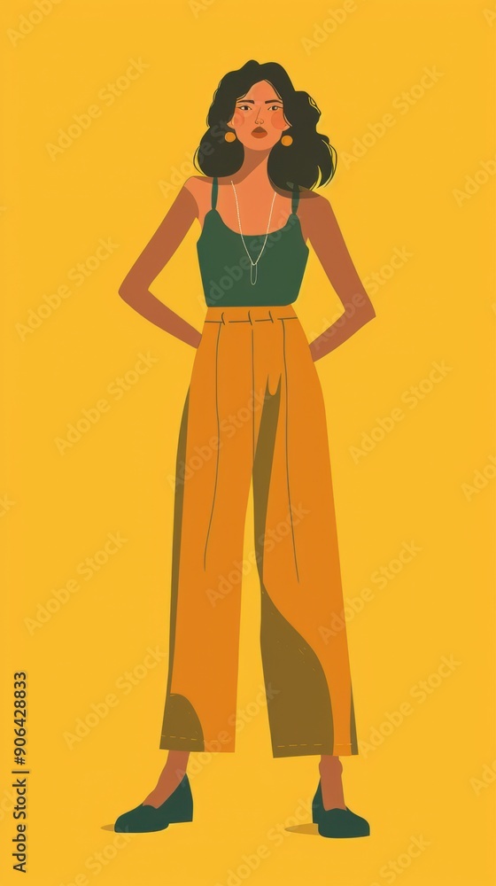 Minimalism illustration, portrait of a European woman, wearing a boho jumpsuit with a statement necklace, standing with one foot slightly forward, flat illustration on soft yellow background Minimalism illustration, portrait of a European woman, wearing a boho jumpsuit with a statement necklace, standing with one foot slightly forward, flat illustration on soft yellow background