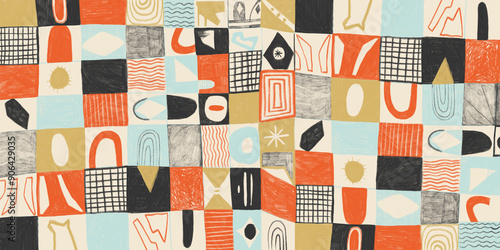 Colorful abstract patchwork illustration with pencil textures