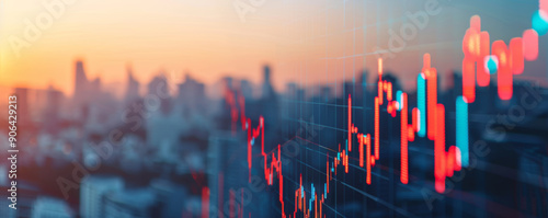 Stock market graph showing financial data analysis with red and blue candlestick charts against a blurred cityscape background at sunset.