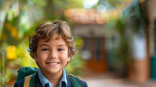 copy space happy real back-to-school portrait, handsome young child student with brown eyes, Brazilian Latin ethnicity. Wearing school clothes, uniform. 