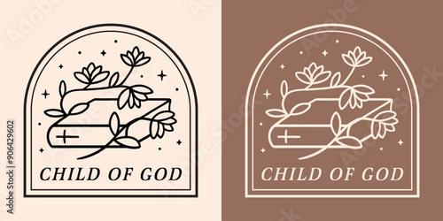 Child of god illustration sticker badge quotes for godly religious faithful believer blessed Christian girls. Floral book bible retro boho flowers aesthetic women shirt design poster printable vector.