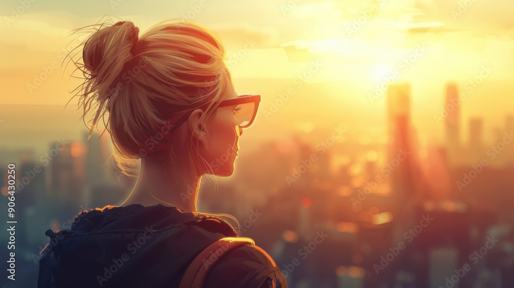 A woman with glasses and blonde hair gazes at a city skyline during a beautiful sunset, highlighting urban landscapes and personal reflection. A woman with glasses and blonde hair gazes at a city skyline during a beautiful sunset, highlighting urban landscapes and personal reflection.