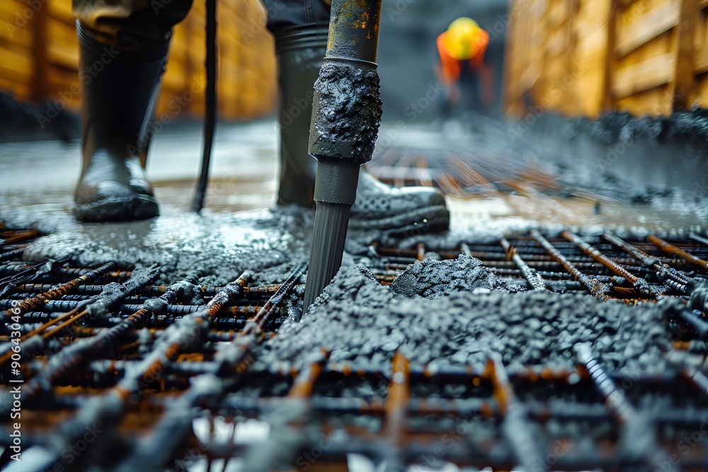 Construction Workers Pouring Concrete on Reinforced Steel Framework Construction Workers Pouring Concrete on Reinforced Steel Framework