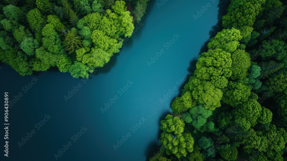Naklejka premium A beautiful view of a river with trees on both sides. The water is blue and calm. The trees are lush and green, creating a serene and peaceful atmosphere
