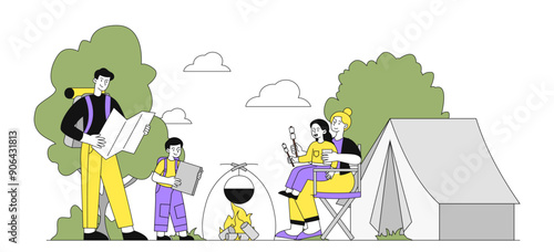 People with camping. Man and woman with children sitting near tents. Active lifestyle and leisure outdoors. Family of tourists and travelers. Linear vector illustration