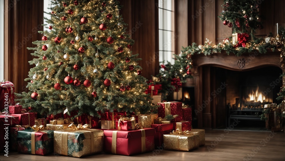 Beautiful decorated christmas tree and gift boxes with copy space Beautiful decorated christmas tree and gift boxes with copy space