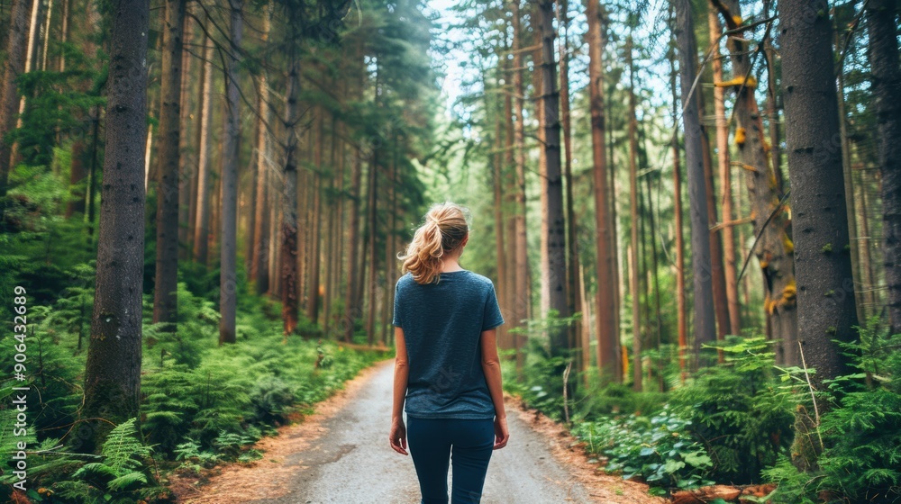 A woman walks down a forest path. The trees are tall and green, and the path is made of gravel. The woman is wearing a blue shirt and jeans A woman walks down a forest path. The trees are tall and green, and the path is made of gravel. The woman is wearing a blue shirt and jeans