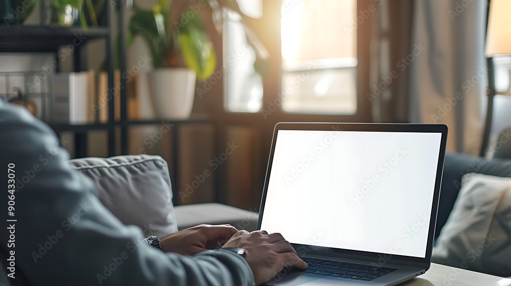 Fototapeta premium Close up of man typing on laptop with blank white screen in modern living room for Marketing and Advertising