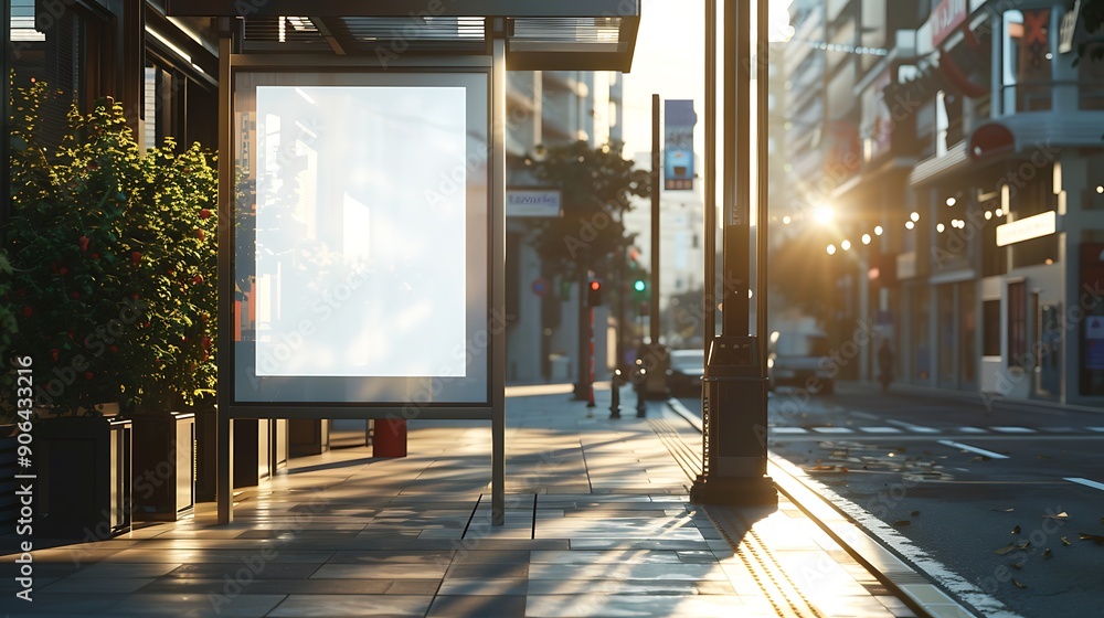 3d rendering of blank billboard at bus stop in city street with morning sunlight for Marketing and Advertising 3d rendering of blank billboard at bus stop in city street with morning sunlight for Marketing and Advertising
