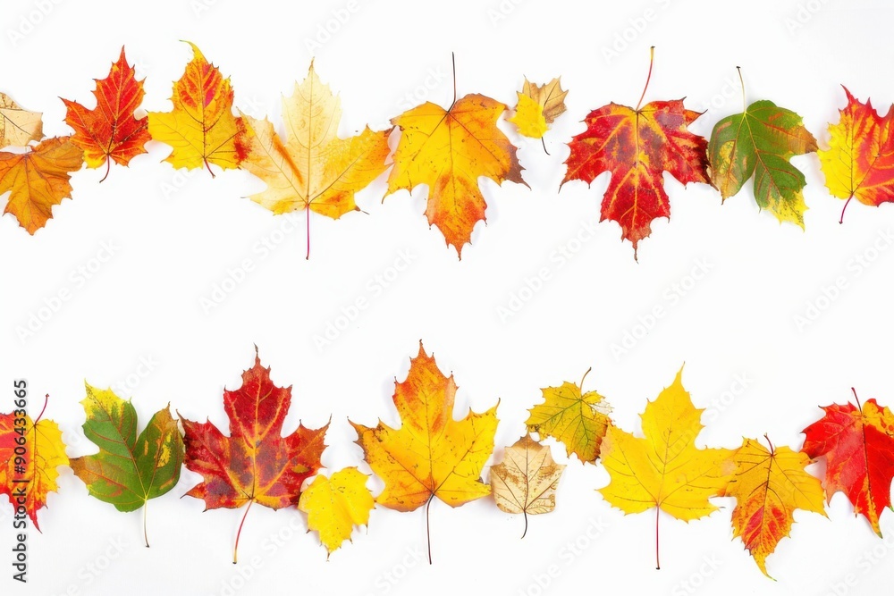 A beautiful display of colorful autumn leaves arranged in two rows on a white background. A beautiful display of colorful autumn leaves arranged in two rows on a white background.