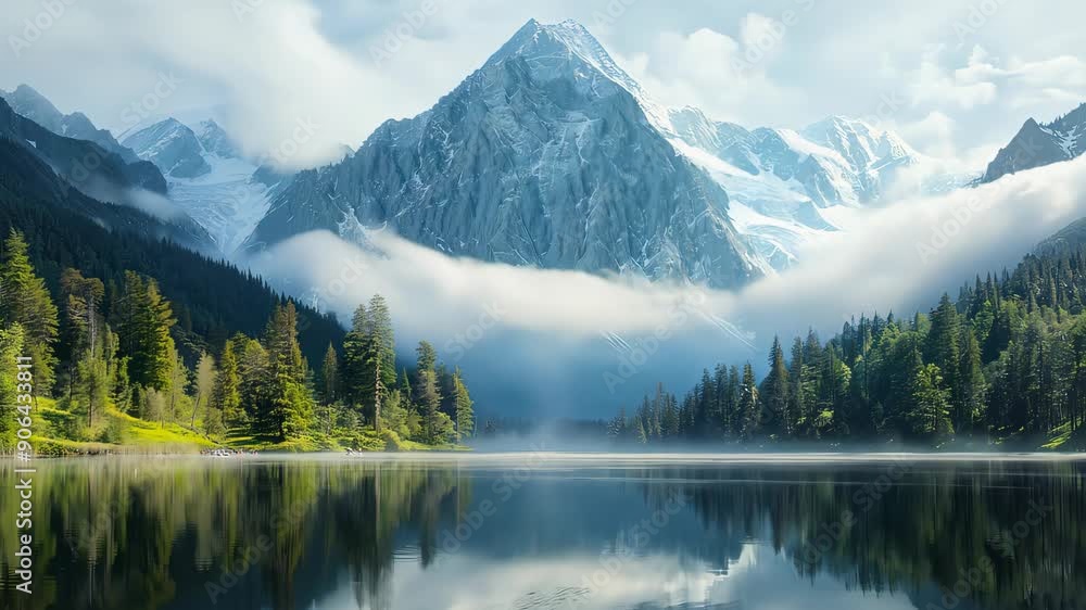 Tranquil lake reflecting snow-capped mountain under moving clouds Tranquil lake reflecting snow-capped mountain under moving clouds