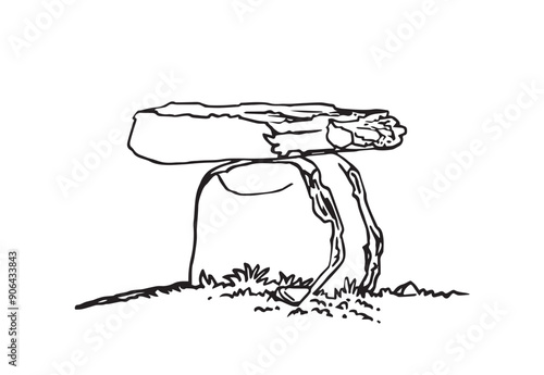 Graphical sketch of  dolmen on white background,vector 
 lined illustration.	