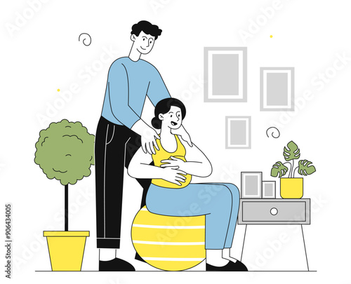 Childbirth preparation concept. Man helps pregnant woman on fitball. Future dad and mom. Young girl doing yoga for pregnant women. Linear vector illustration
