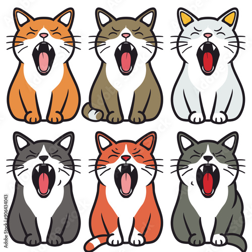 Nine cute cartoon cats yawn, displaying different fur colors. Illustrated felines express sleepiness, fatigue, boredom vibrant cartoon style. Various cat breeds illustrated yawning eyes closed, wide