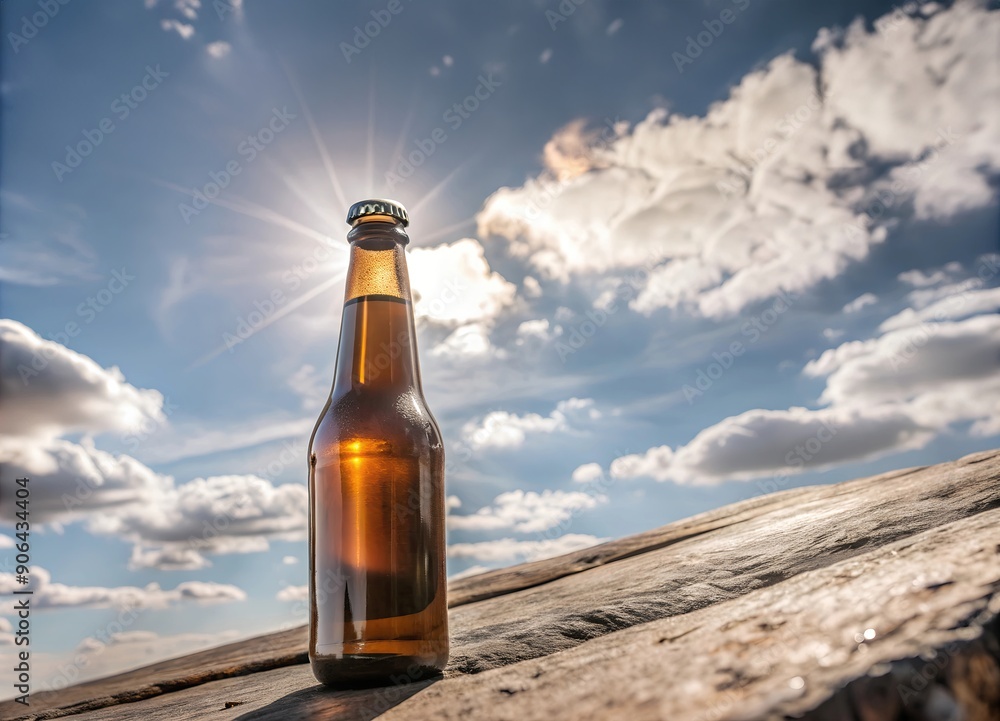 A glass bottle of cold beer amidst the drought stands on a rock on a scorching sunny day against a blue sky. A glass bottle of cold beer amidst the drought stands on a rock on a scorching sunny day against a blue sky.