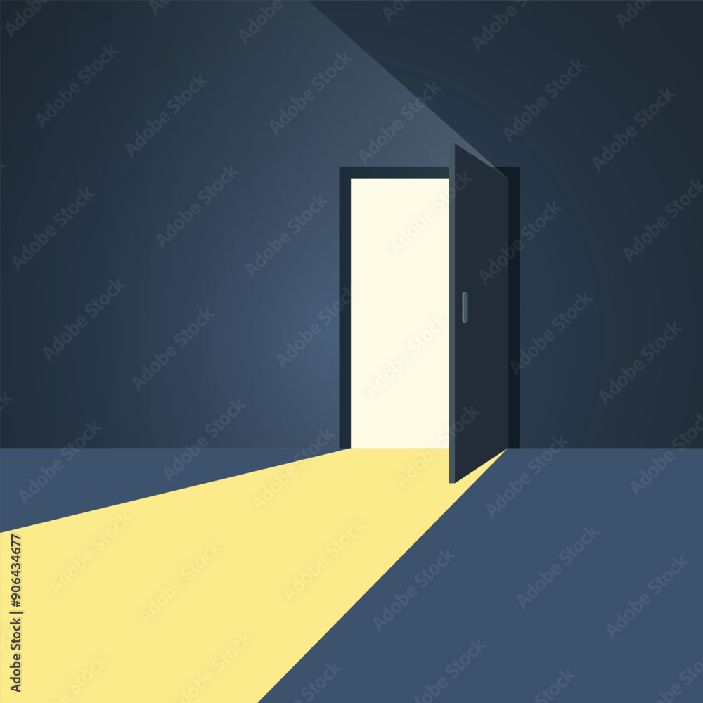 Open door with light icon in flat style. Dark room vector illustration on isolated background. Doorway entrance sign business concept. Open door with light icon in flat style. Dark room vector illustration on isolated background. Doorway entrance sign business concept.