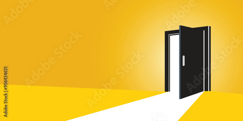 Open door with light icon in flat style. Dark room vector illustration on isolated background. Doorway entrance sign business concept.