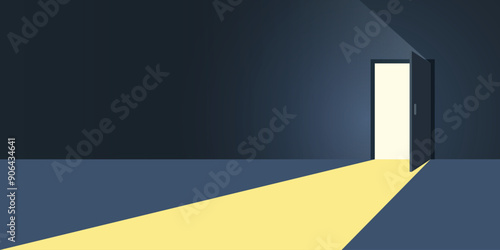 Open door with light icon in flat style. Dark room vector illustration on isolated background. Doorway entrance sign business concept.