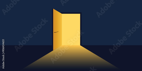 Open door with light icon in flat style. Dark room vector illustration on isolated background. Doorway entrance sign business concept.