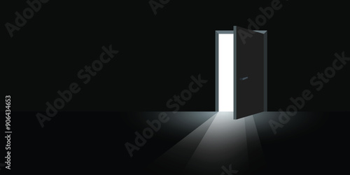 Open door with light icon in flat style. Dark room vector illustration on isolated background. Doorway entrance sign business concept.