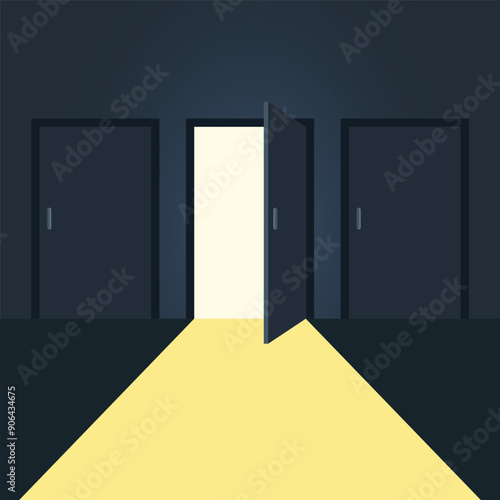Open door with light icon in flat style. Dark room vector illustration on isolated background. Doorway entrance sign business concept.