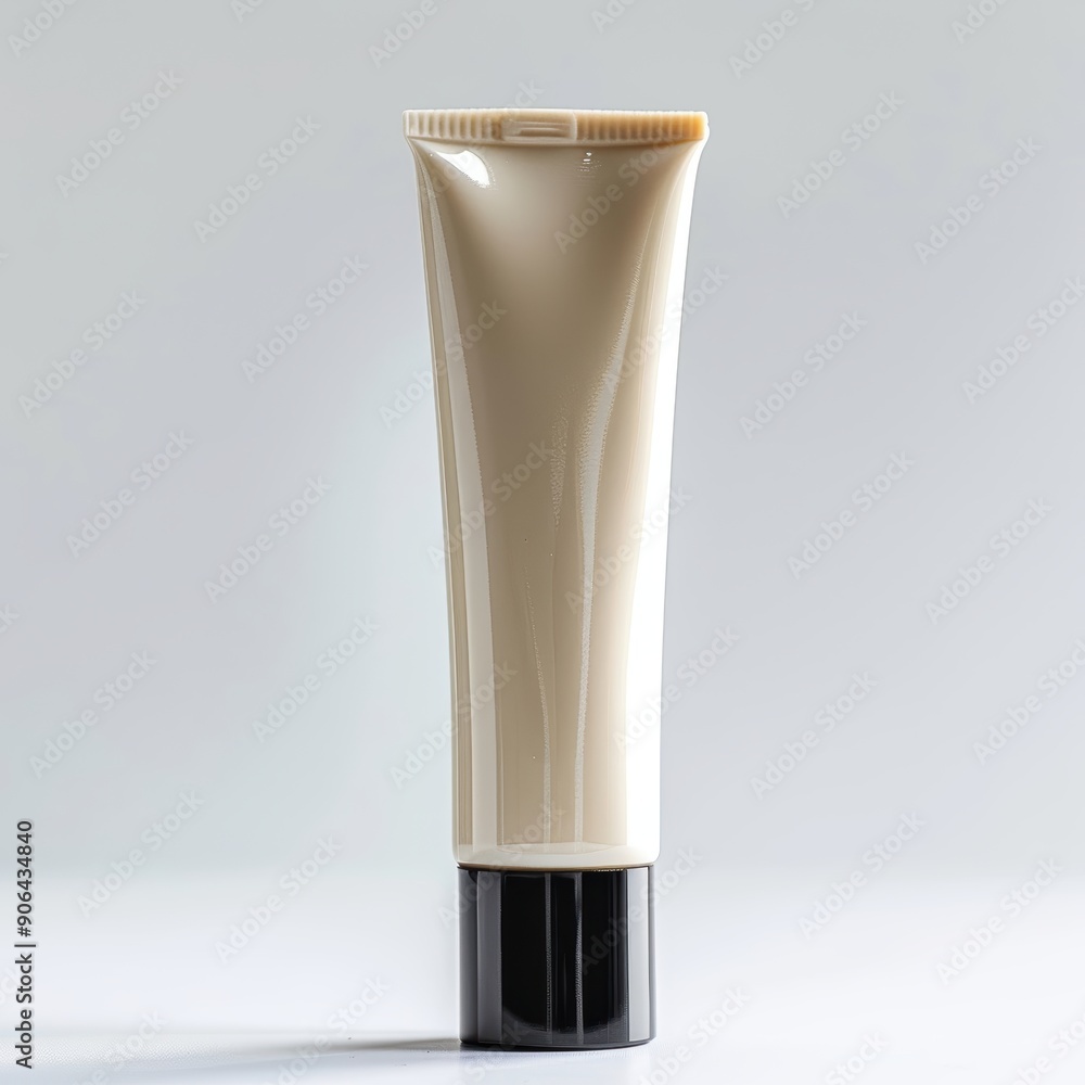Beige Cosmetic Tube with Black Cap on White Background Beige Cosmetic Tube with Black Cap on White Background