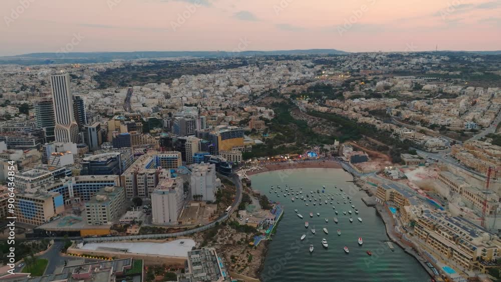 St. George's Bay, sunset aerial view. Maltese island St. George's Bay, sunset aerial view. Maltese island