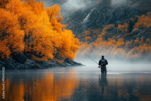 Angler fishing in a river with fall colors