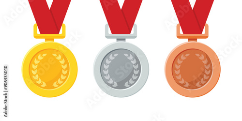 Gold, silver, bronze medals icons set in flat style. Trophy award vector illustration on isolated background. Winner sign business concept.