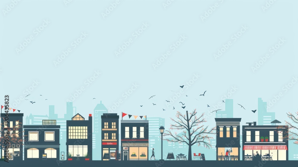 Obraz premium Minimalism illustration, silhouette of a chic metro city district with upscale shops and cafes, flat illustration on light blue background, empty copy space, lofi style illustration