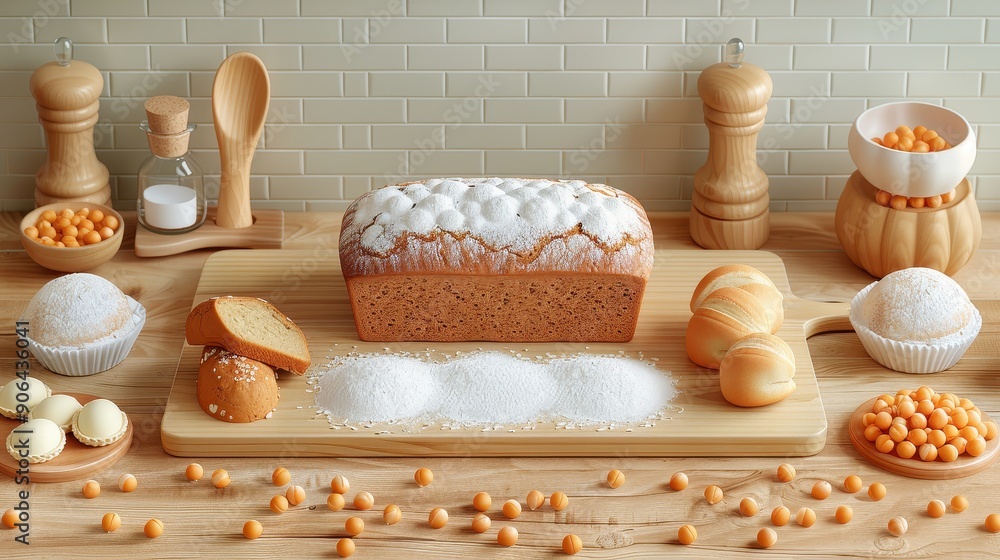 Freshly Baked Loaf of Bread with Powdered Sugar, Flour, and Rolls on Wooden Table Freshly Baked Loaf of Bread with Powdered Sugar, Flour, and Rolls on Wooden Table