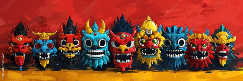 Fototapeta premium Colorful Dragon Masks, Asian Mythical Creatures with Sharp Teeth and Intricate Designs