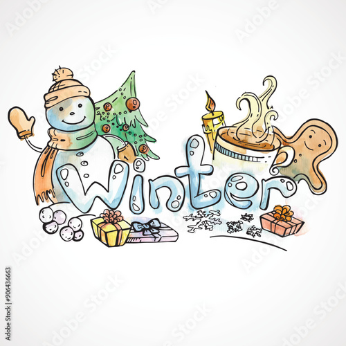 Wallpaper Mural Coloring page inscription winter, vector watercolor style. Vector illustration Torontodigital.ca