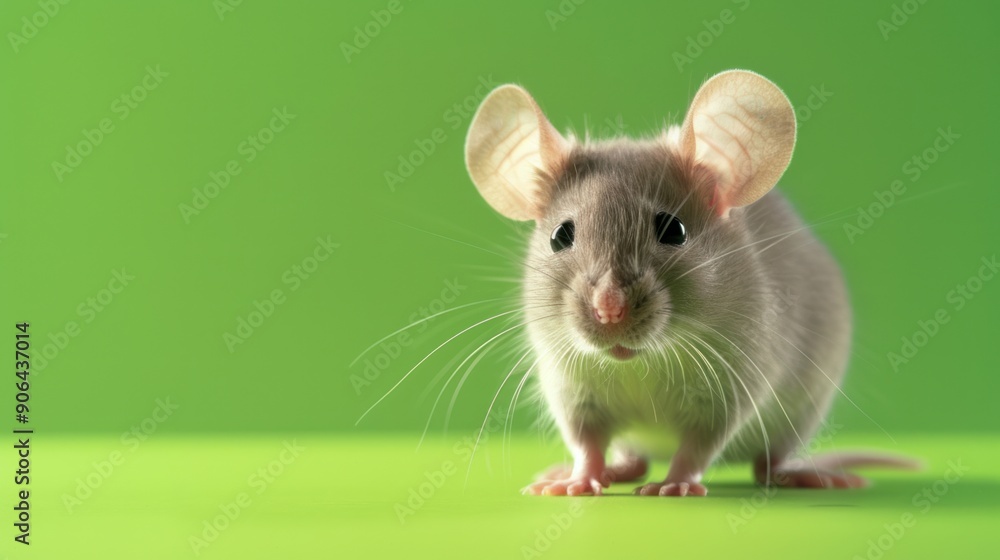 Close-up Portrait of a Curious Grey Rat on Green Background