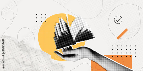 Trendy Halftone Collage Study and education concept. Hand with floating book. Human desire for knowledge. Smart thinking and brainstorming. Contemporary vector illustration art