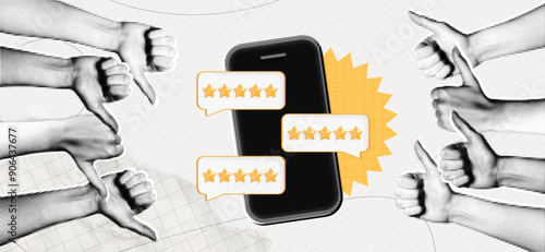 Trendy Halftone Collage Phone with five star rating. Hands with thumbs up and thumbs down gestures. Online feedback. Yes or no choice banner. Quality review. Contemporary vector illustration art