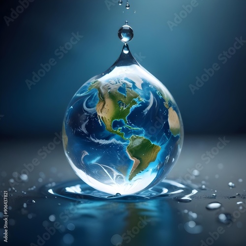 Planet earth encased in a clean fresh water droplet, highlighting the need to protect and clearn our planet photo