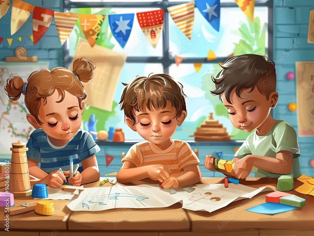 Fototapeta premium Columbus Day arts and crafts, children making themed projects, creative activity, realistic illustration