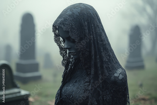 Minimalist image of a widow dressed in a black lace veil, standing alone in a serene, foggy cemetery,