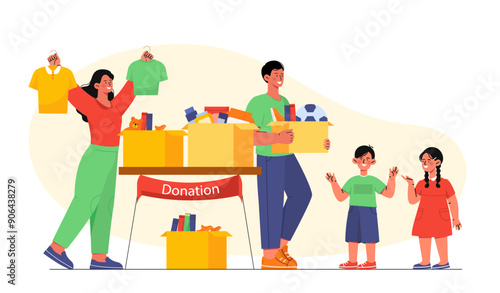 Donation for children. Man and woman with cardboard boxes, for boys and girls. Charitable foundation volunteers. Generosity and kindness. Flat vector illustration