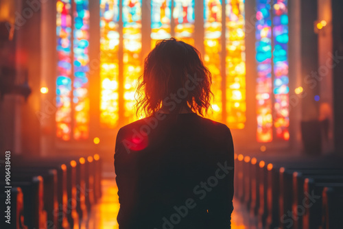 Minimalist scene of a widow standing at a church altar, with stained glass windows casting colorful light,