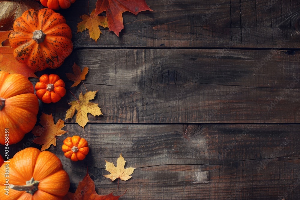 Pumpkins and autumn leaves on a wooden background, creating a rustic fall atmosphere. Pumpkins and autumn leaves on a wooden background, creating a rustic fall atmosphere.