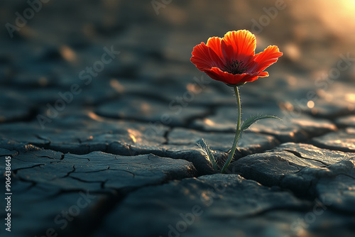 A red flower growing through a crack in dry earth. Renewal concept art. Renewal in Desolate Lands