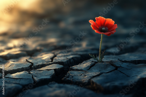 A red flower growing through a crack in dry earth. Renewal concept art. Renewal in Desolate Lands