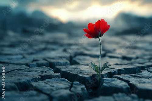A red flower growing through a crack in dry earth. Renewal concept art. Renewal in Desolate Lands