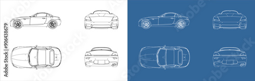 set sport car electric vehicle line draw blueprint from all view top corner side back isolated in transparent background