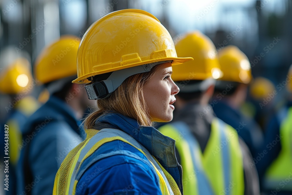 A group of construction workers with yellow hard hats, blue vests. Generative AI A group of construction workers with yellow hard hats, blue vests. Generative AI