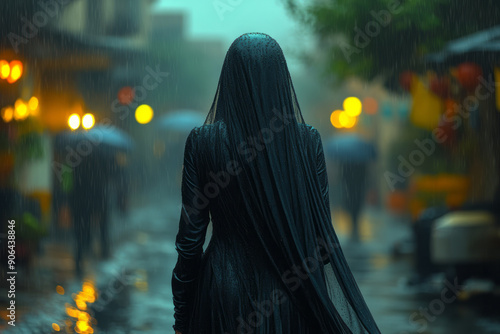 Clean depiction of a widow walking through a rain-soaked street, with her veil trailing behind her,