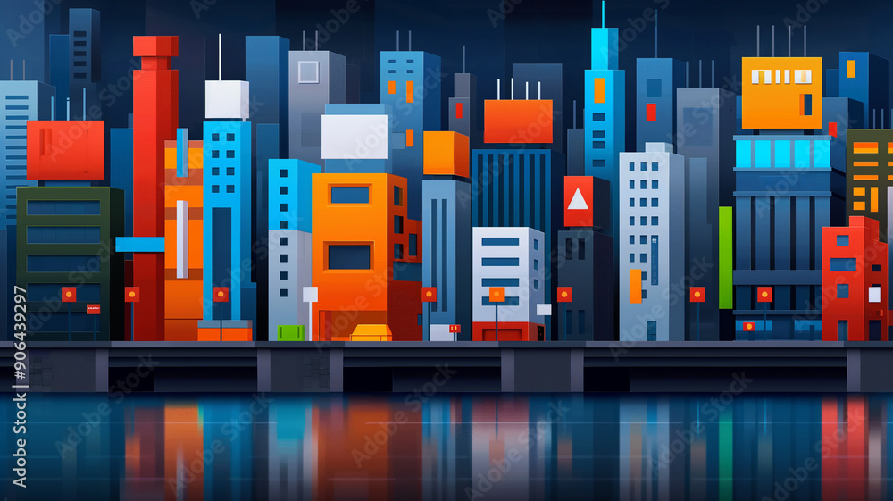 Vibrant city skyline illustrated in colorful geometric shapes with reflections on water, perfect for modern design projects. Vibrant city skyline illustrated in colorful geometric shapes with reflections on water, perfect for modern design projects.